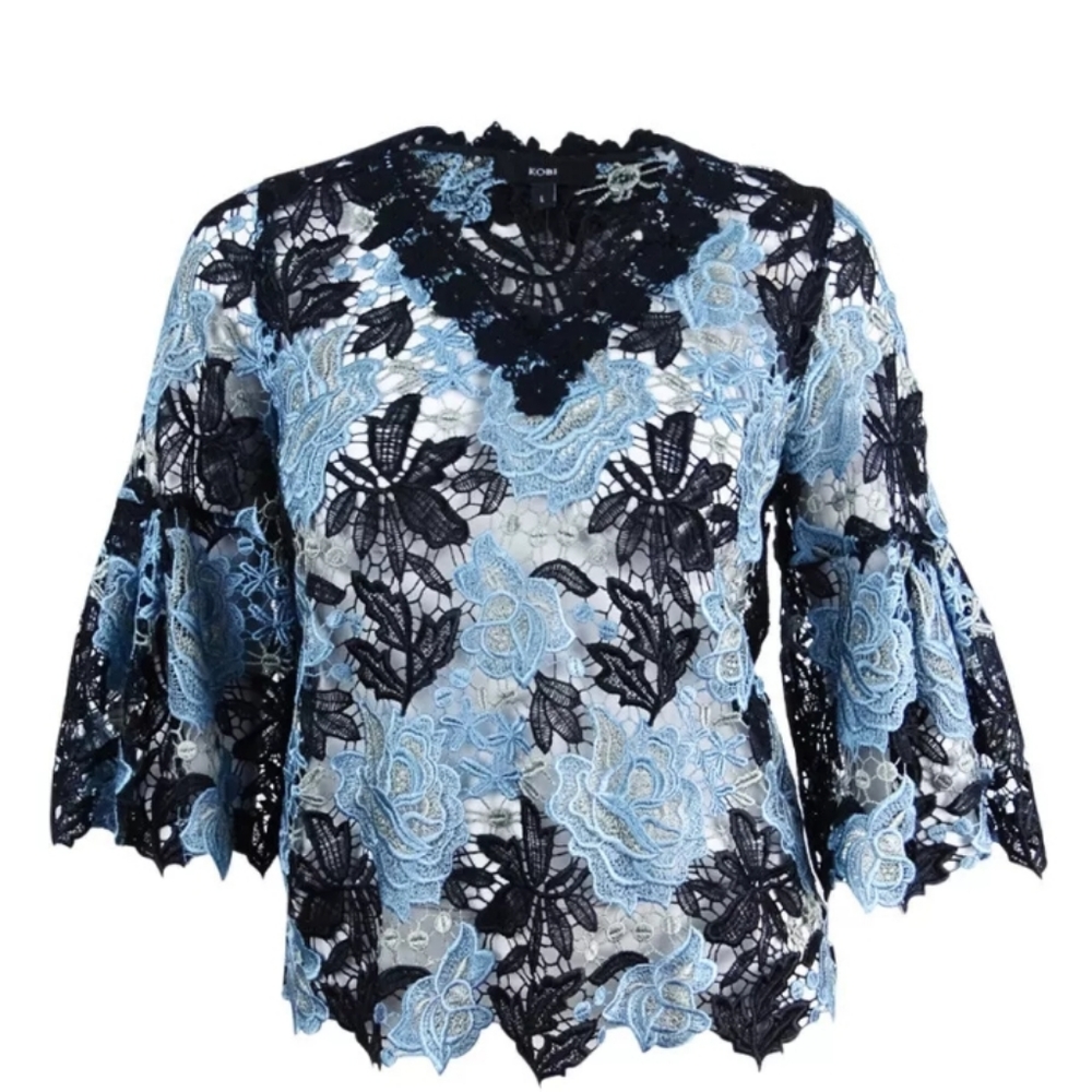 * KOBI LACE BLUE & BLACK FORAL TOP, SIZE XS - Picture 1 of 8
